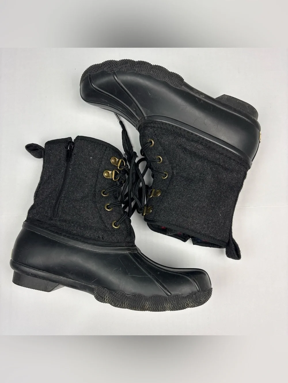 Tommy Hilfiger Women Size 5 Duck Boots Gray Tweed Black Rubber Lace Up Rain